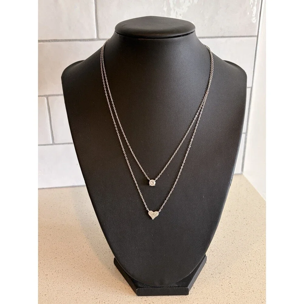 925 Sterling Silver Layered Necklace Crystal Heart & Pendant Dainty